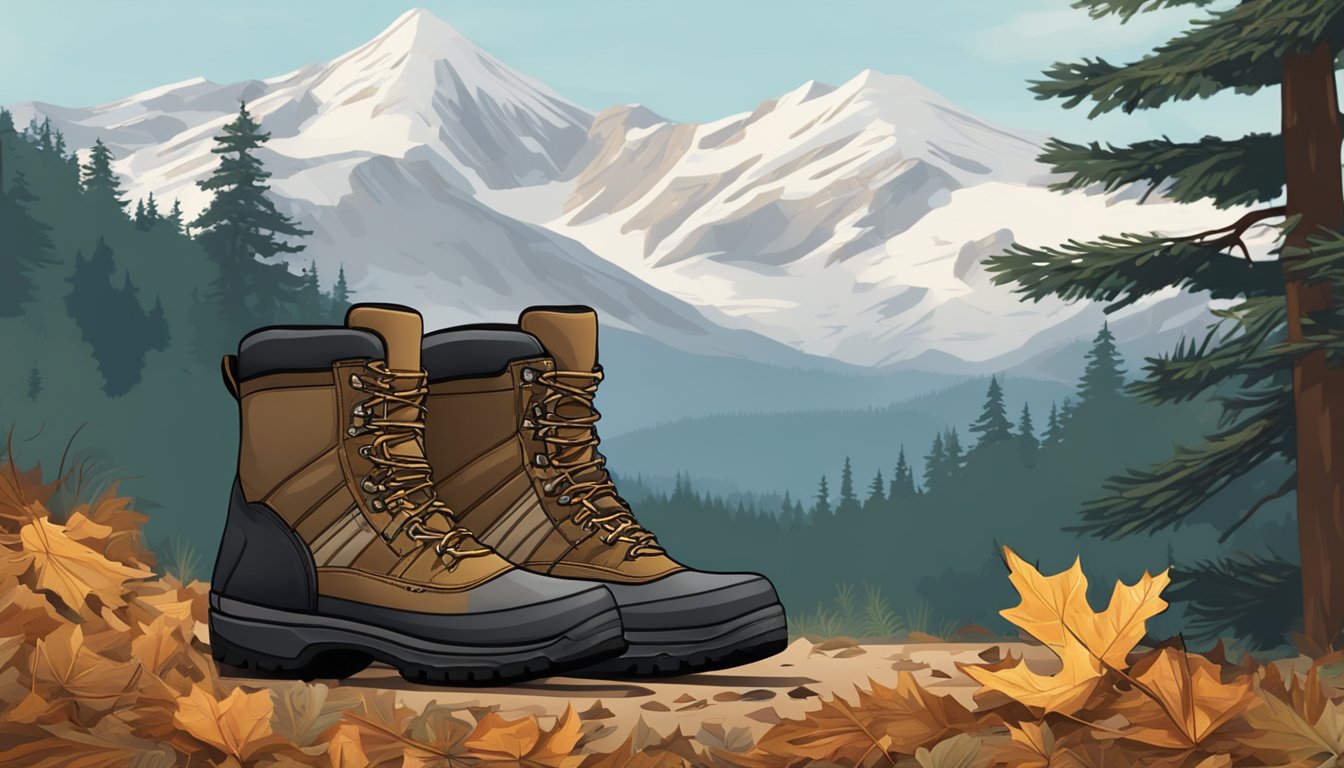 A pair of youth hunting boots standing on a forest floor, surrounded by fallen leaves and pine needles, with a distant snow-capped mountain in the background