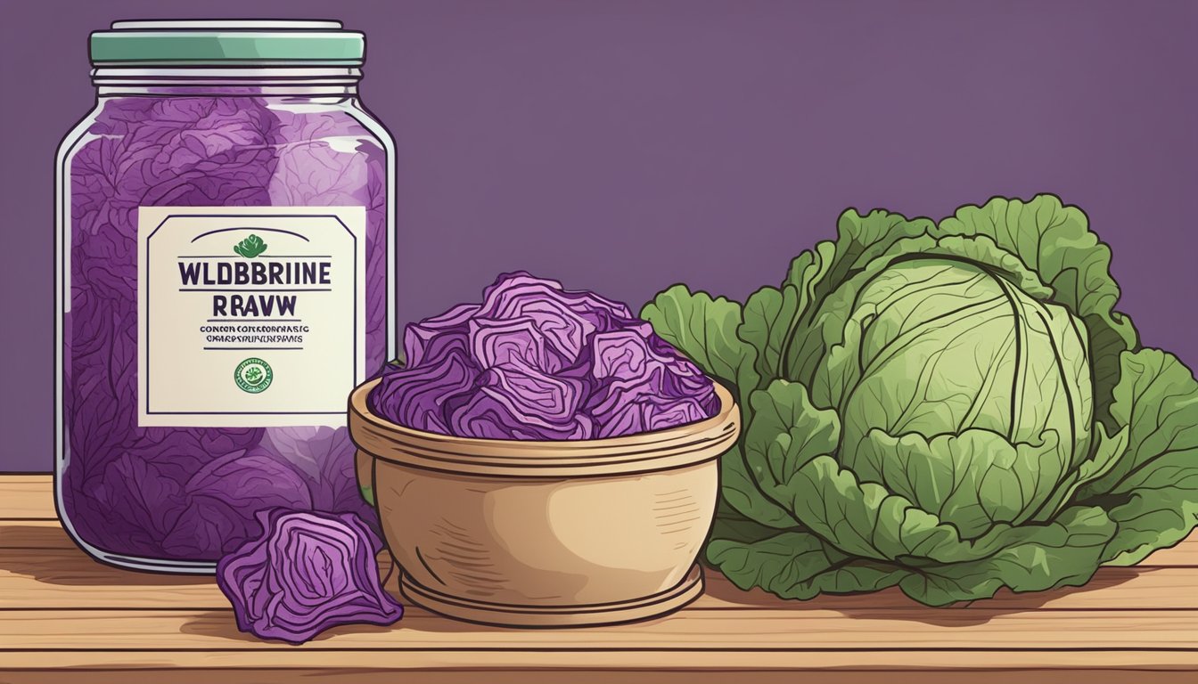 A jar of Wildbrine Raw Organic Sauerkraut sits on a wooden table, surrounded by fresh cabbage and vibrant purple cabbage leaves. The jar is sealed with a label indicating the expiration date