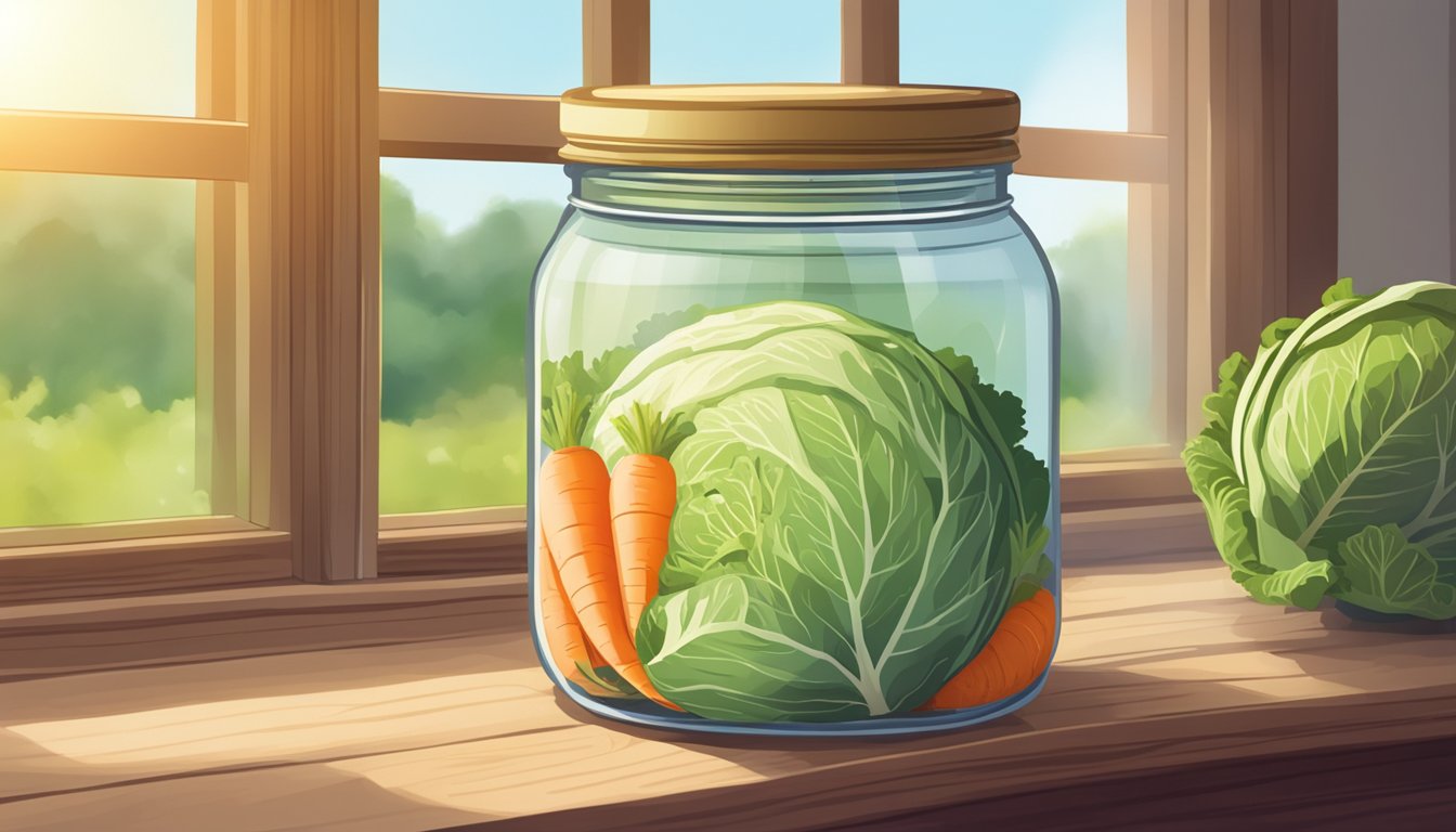 A jar of wildbrine raw organic sauerkraut sits on a wooden shelf next to fresh cabbage and carrots. The label proudly displays the health benefits of sauerkraut as the sunlight streams through the window