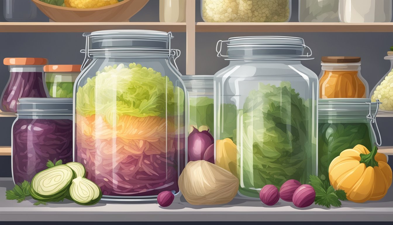 A glass jar of wildbrine raw organic sauerkraut sits on a kitchen shelf, surrounded by other fermented foods. The jar is tightly sealed, with condensation forming on the inside