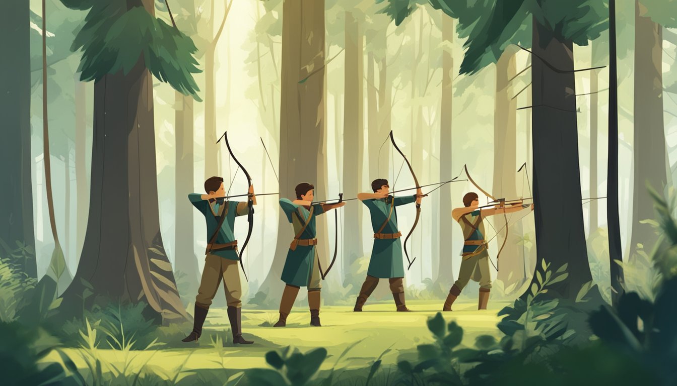 A group of young archers compete in a forest clearing, aiming their bows at targets set up among the trees. The sound of arrows hitting their marks echoes through the woods