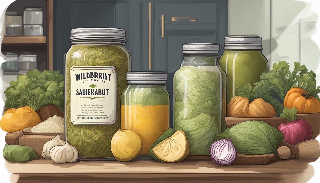 A jar of Wildbrine raw organic sauerkraut sits on a kitchen shelf, surrounded by other condiments and cooking ingredients. The label on the jar indicates the expiration date