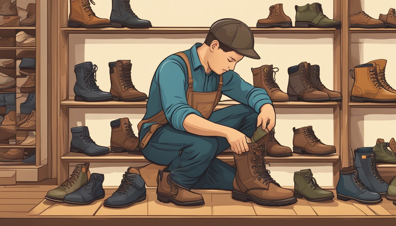 A skilled boot fitter measures a child's foot, carefully selecting and adjusting hunting boots for a perfect fit