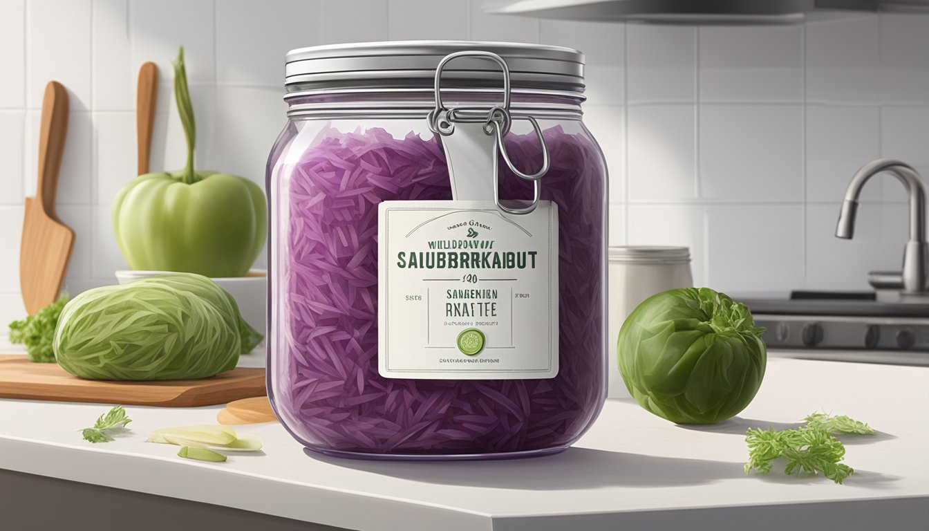 A jar of Wildbrine raw organic sauerkraut sits on a clean, white kitchen counter next to a cutting board and a knife. The jar is unopened and has a label displaying the product's expiration date