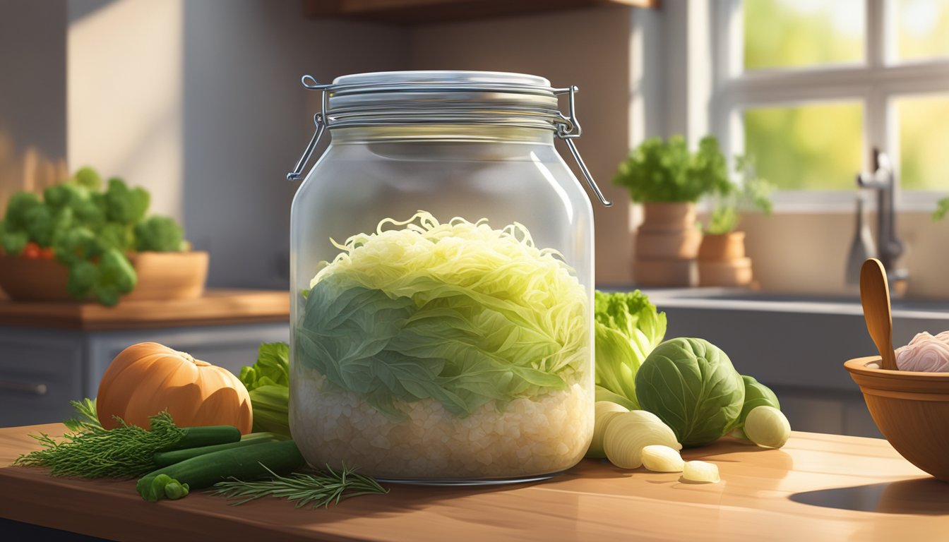 A jar of wildbrine raw organic sauerkraut sits on a kitchen counter, surrounded by fresh vegetables and herbs. The sunlight streams in through the window, casting a warm glow on the scene