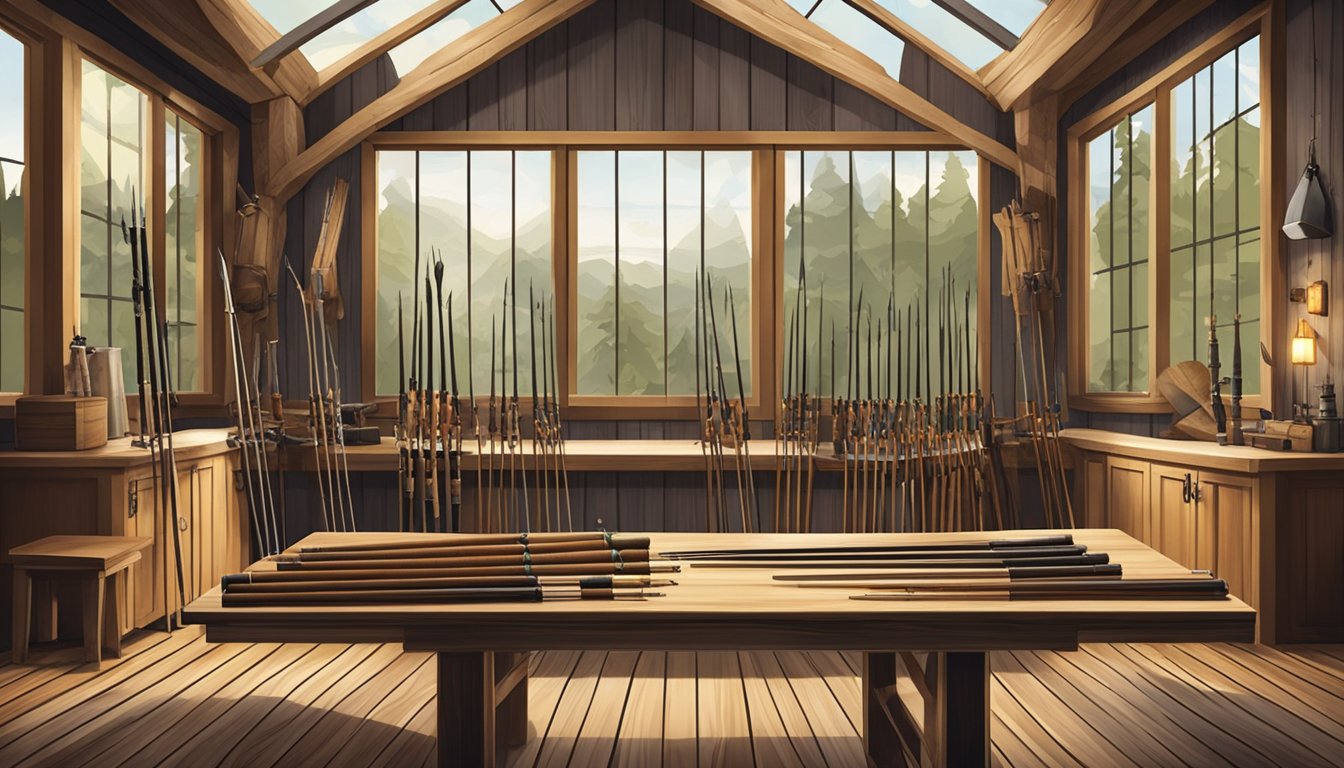 A display of popular youth hunting bows arranged on a wooden table in a rustic hunting lodge. The bows are sleek and modern, with camouflage patterns and sturdy strings