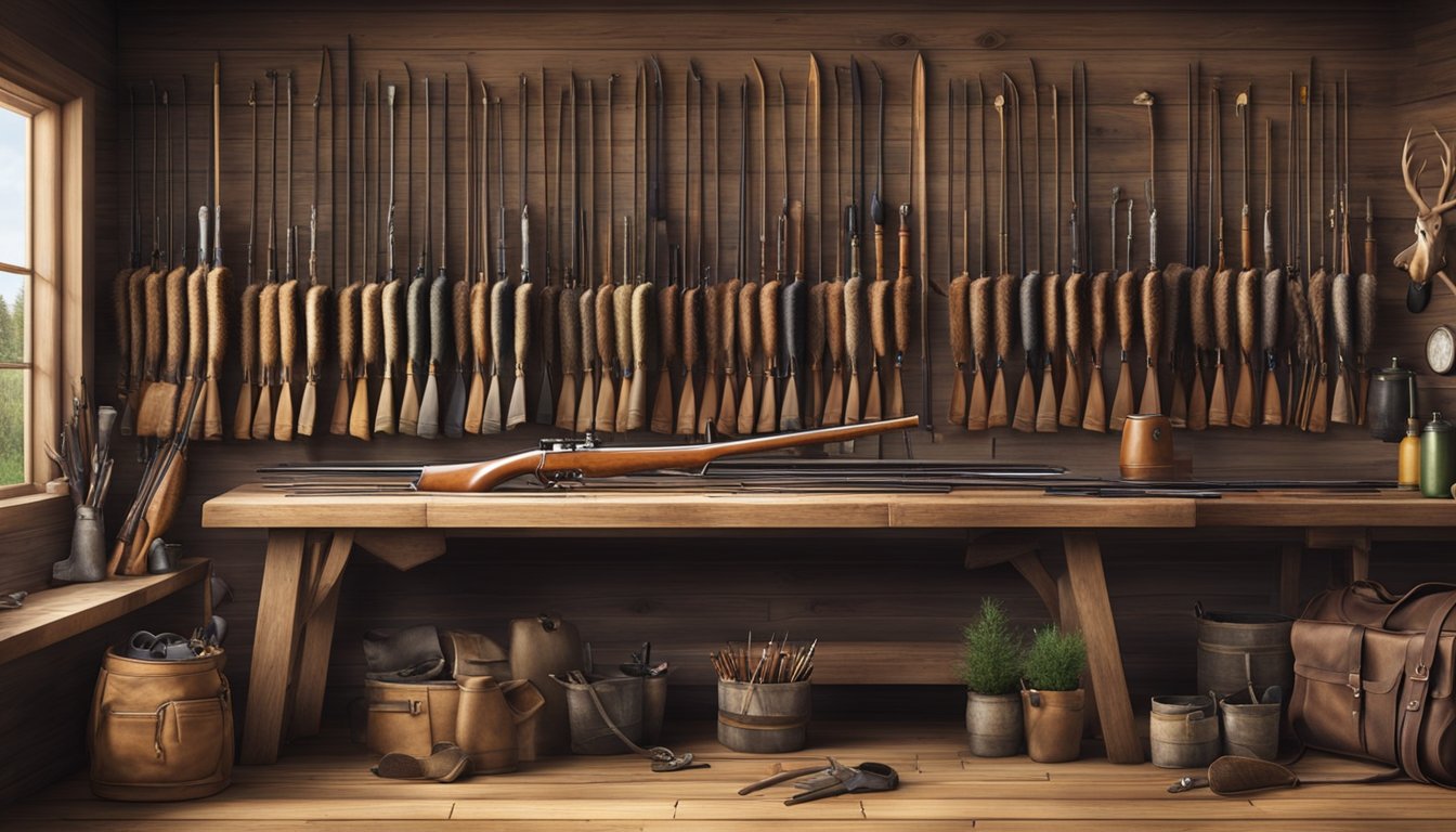 A display of youth hunting bows and accessories arranged on a wooden table in a rustic hunting lodge