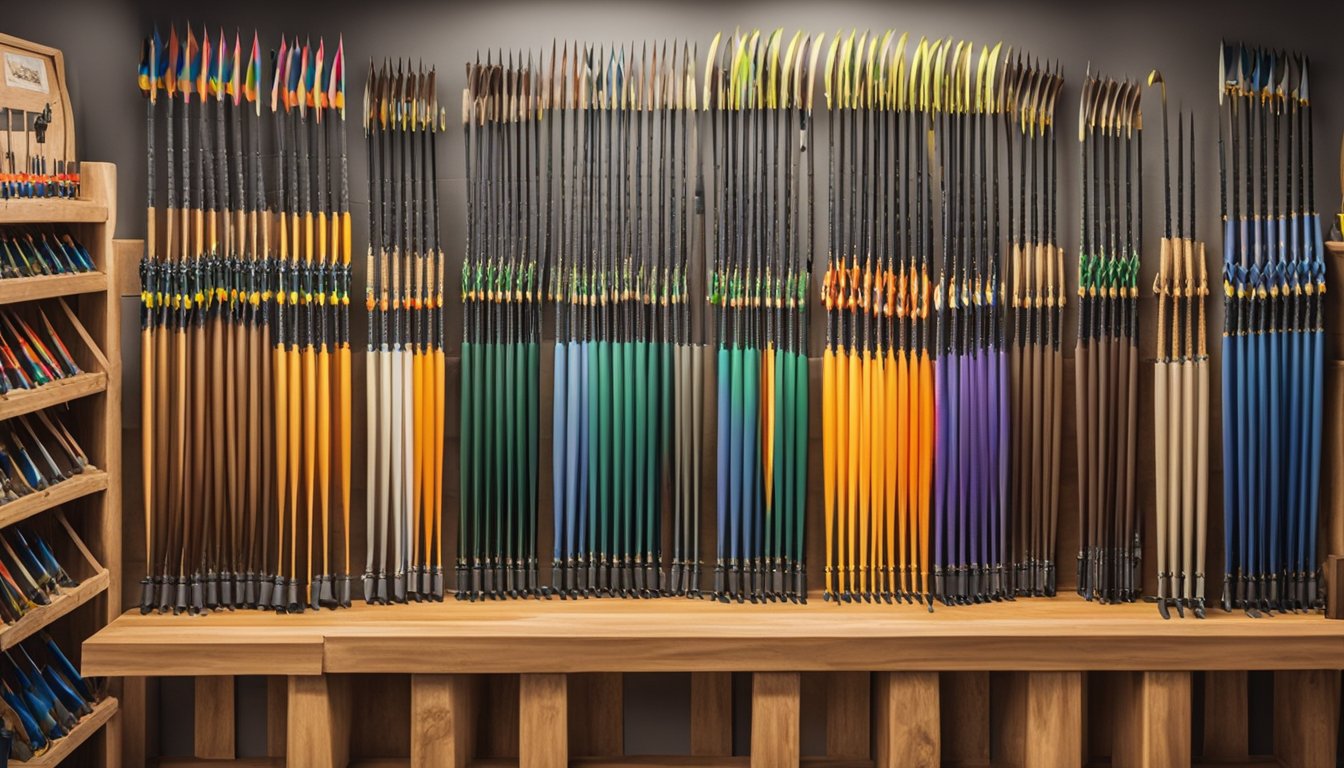 A display of colorful youth hunting bows arranged on a wooden rack in a well-lit outdoor store