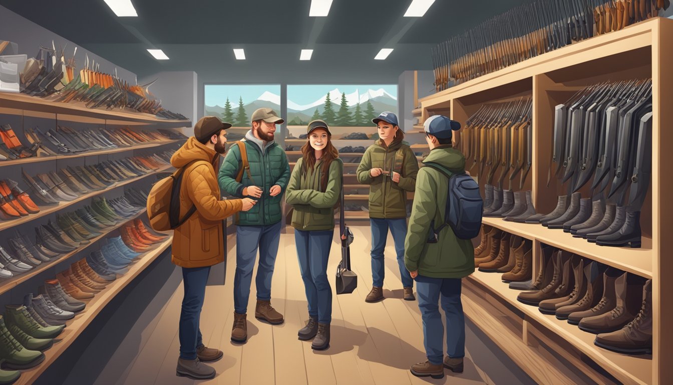 A group of young hunters receiving guidance and support while shopping for hunting bows at a specialized store