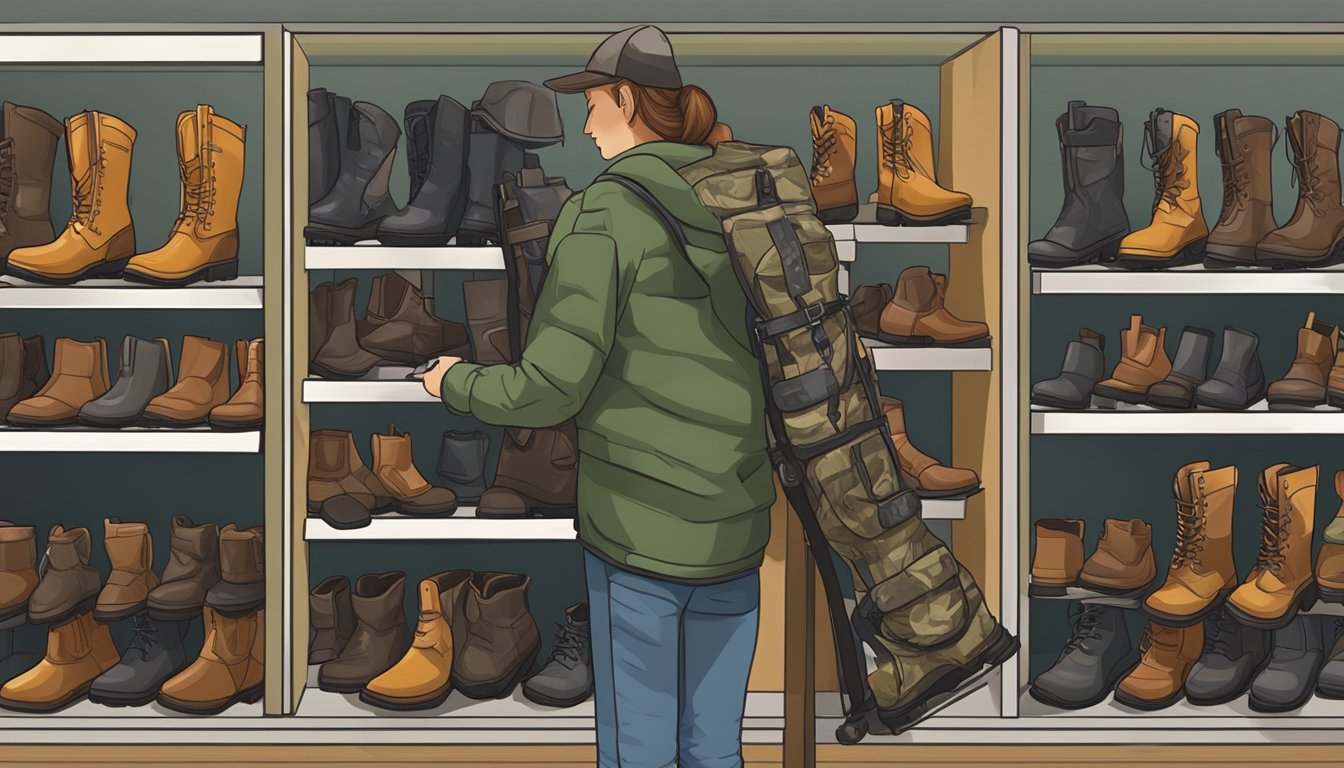 A pair of youth hunting boots being carefully selected from a display rack in a store