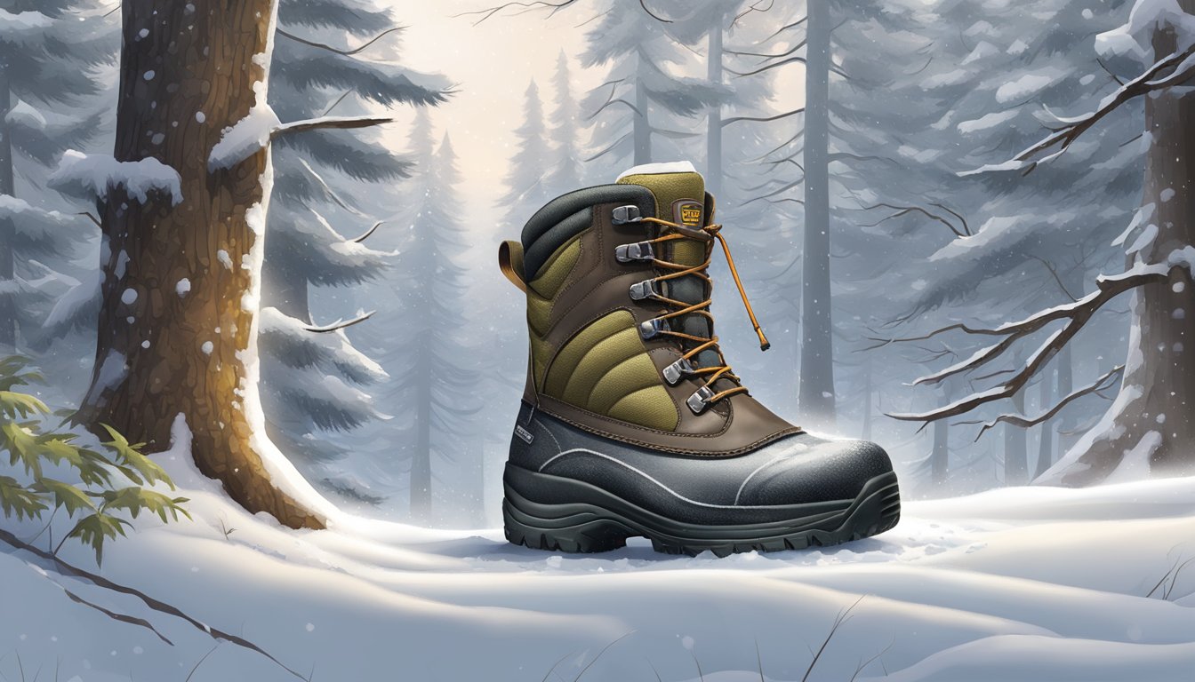 A pair of youth hunting boots with insulation technology, depicted in a snowy forest setting