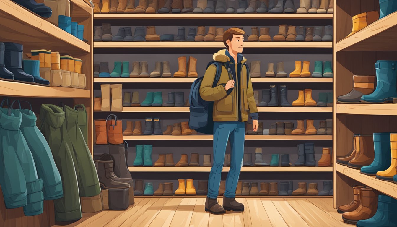 A young hunter tries on insulated boots in a store, surrounded by shelves of outdoor gear