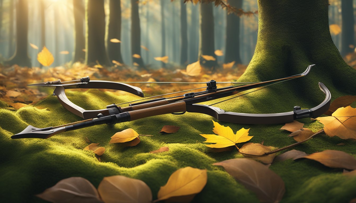 A youth hunting bow and arrow set laid out on a mossy forest floor, surrounded by fallen leaves and dappled sunlight filtering through the trees