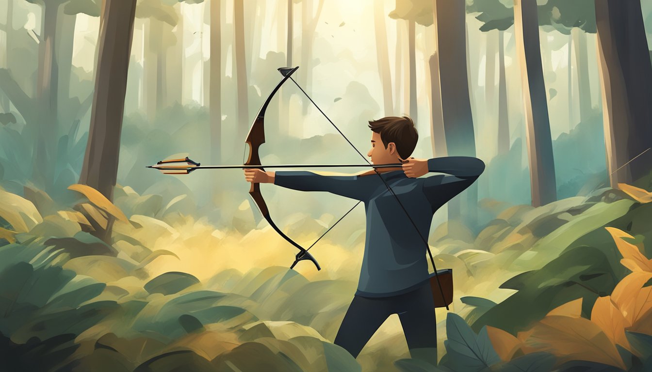 A sleek, modern youth hunting bow and arrow being skillfully aimed and fired in a forest clearing