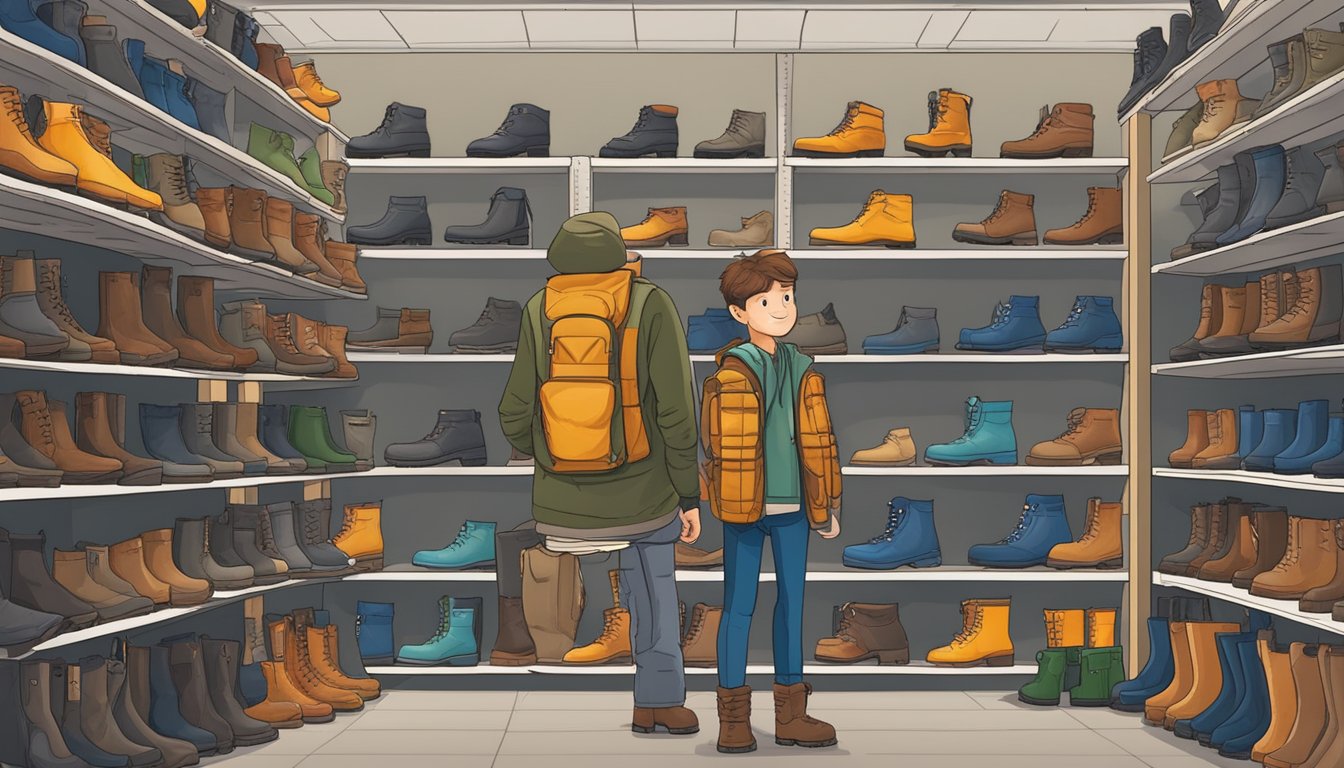 A young hunter tries on different boots at a Walmart display, surrounded by shelves of outdoor gear