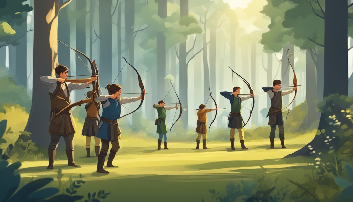 A group of young archers practice with hunting bows and arrows in a forest clearing, under the guidance of instructors