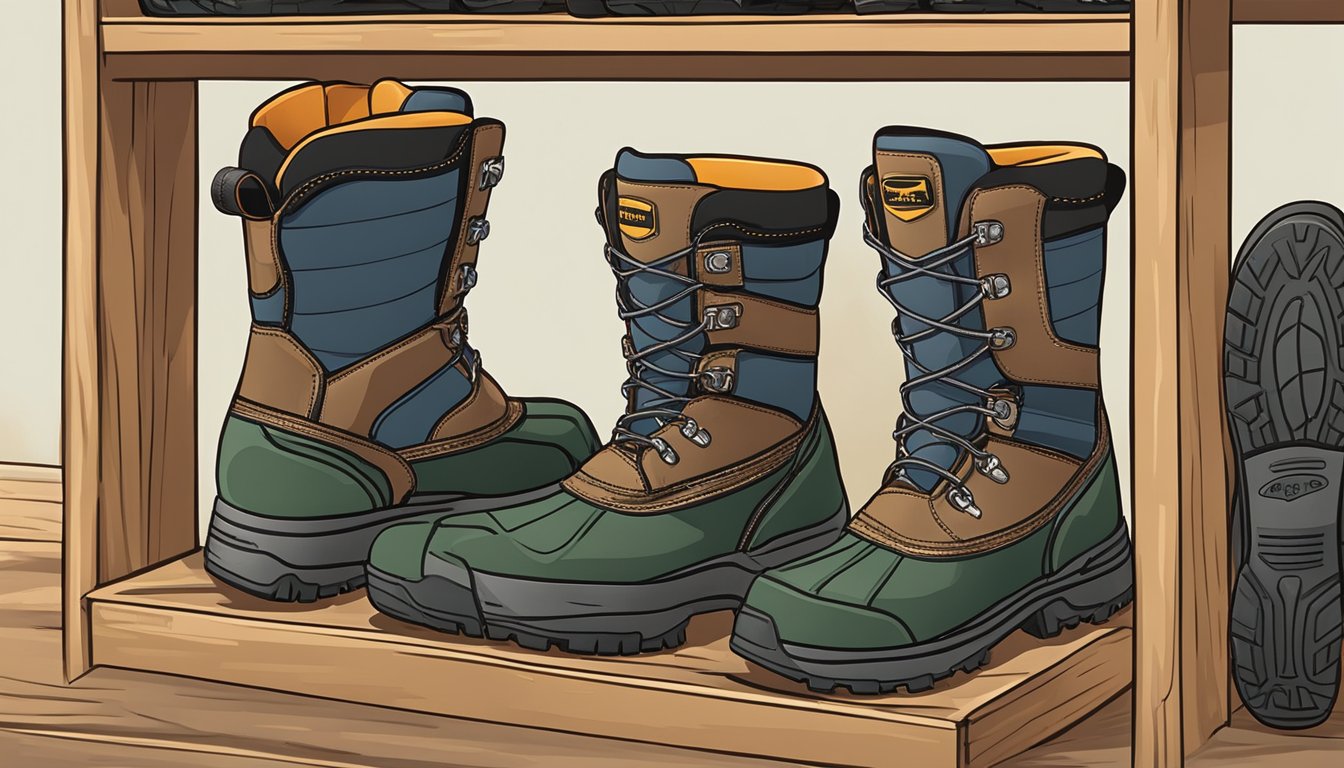 A pair of sturdy youth hunting boots is displayed on a shelf at Walmart, surrounded by other outdoor gear