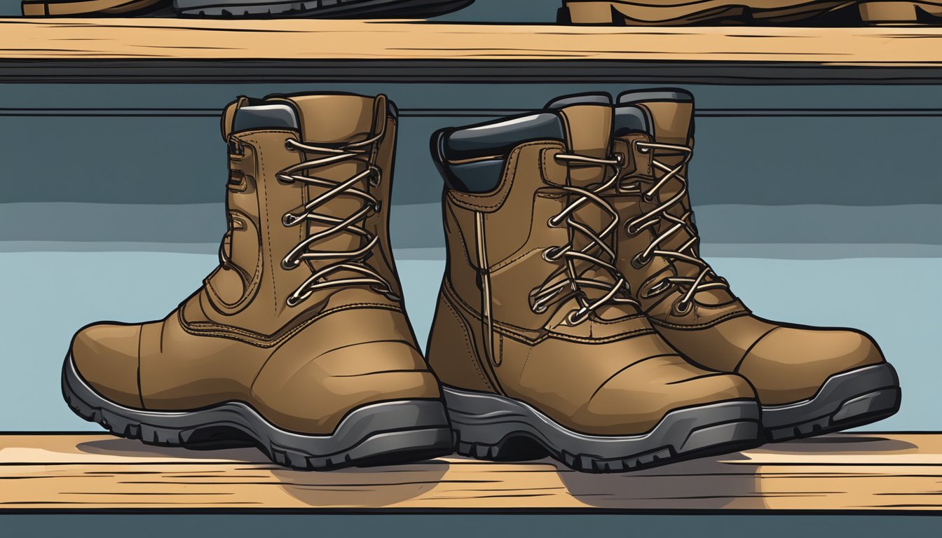 A pair of youth hunting boots being displayed on a shelf in a Walmart store