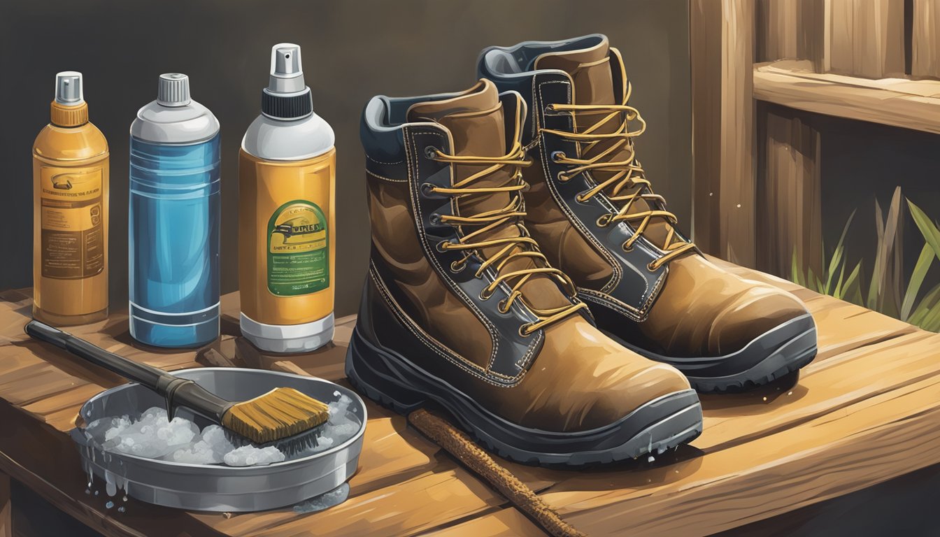 A pair of youth hunting boots being cleaned and treated with waterproofing spray in a well-lit outdoor setting