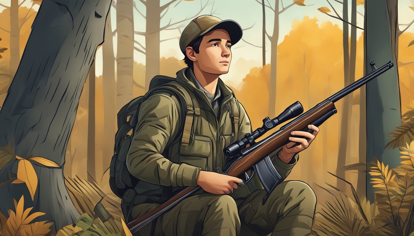 A young hunter holding a rifle, surrounded by trees and wildlife