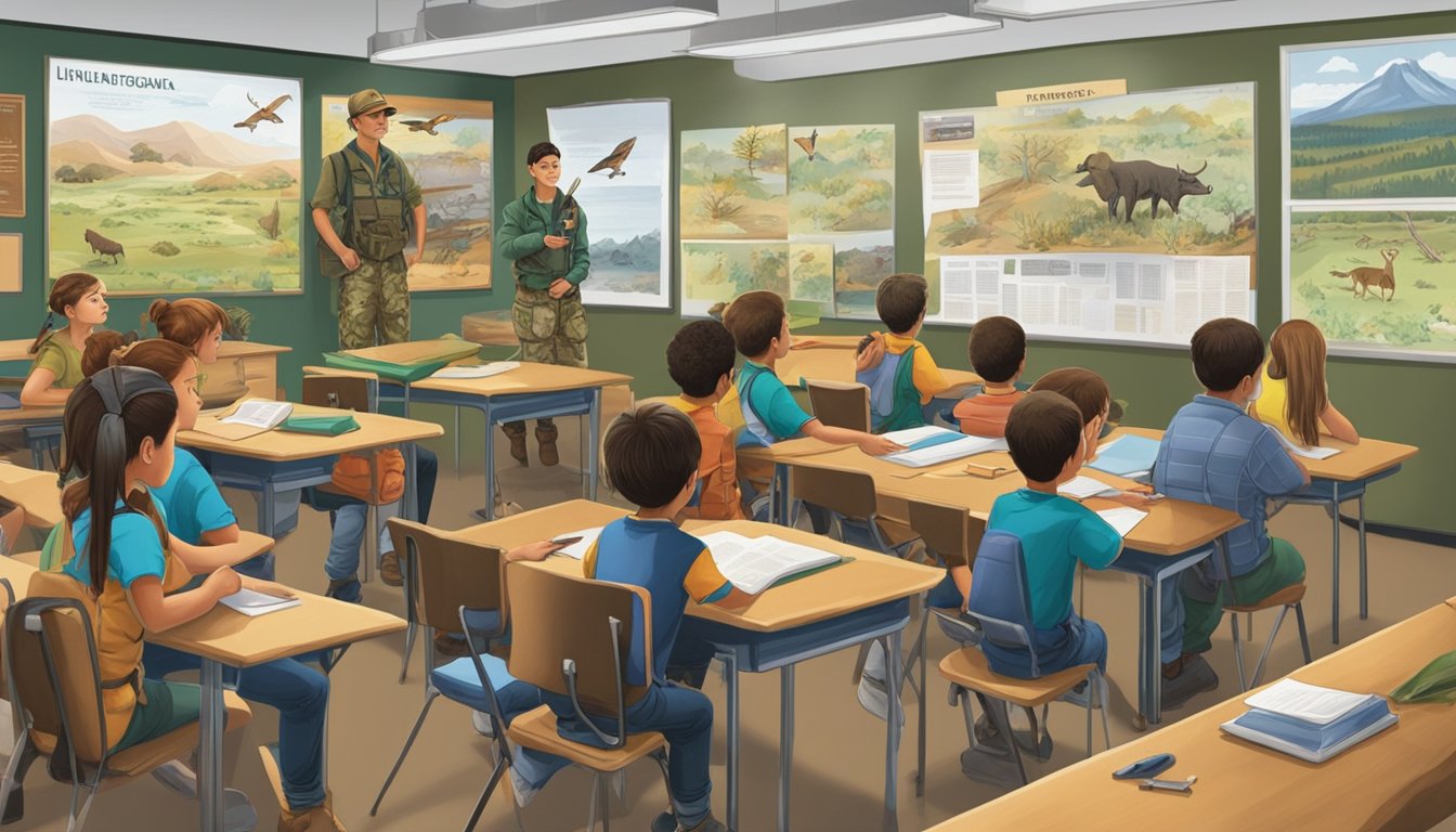 A group of young students sit in a classroom, listening attentively as an instructor teaches them about hunter education and safety. Wildlife posters adorn the walls, and a display case holds various hunting gear