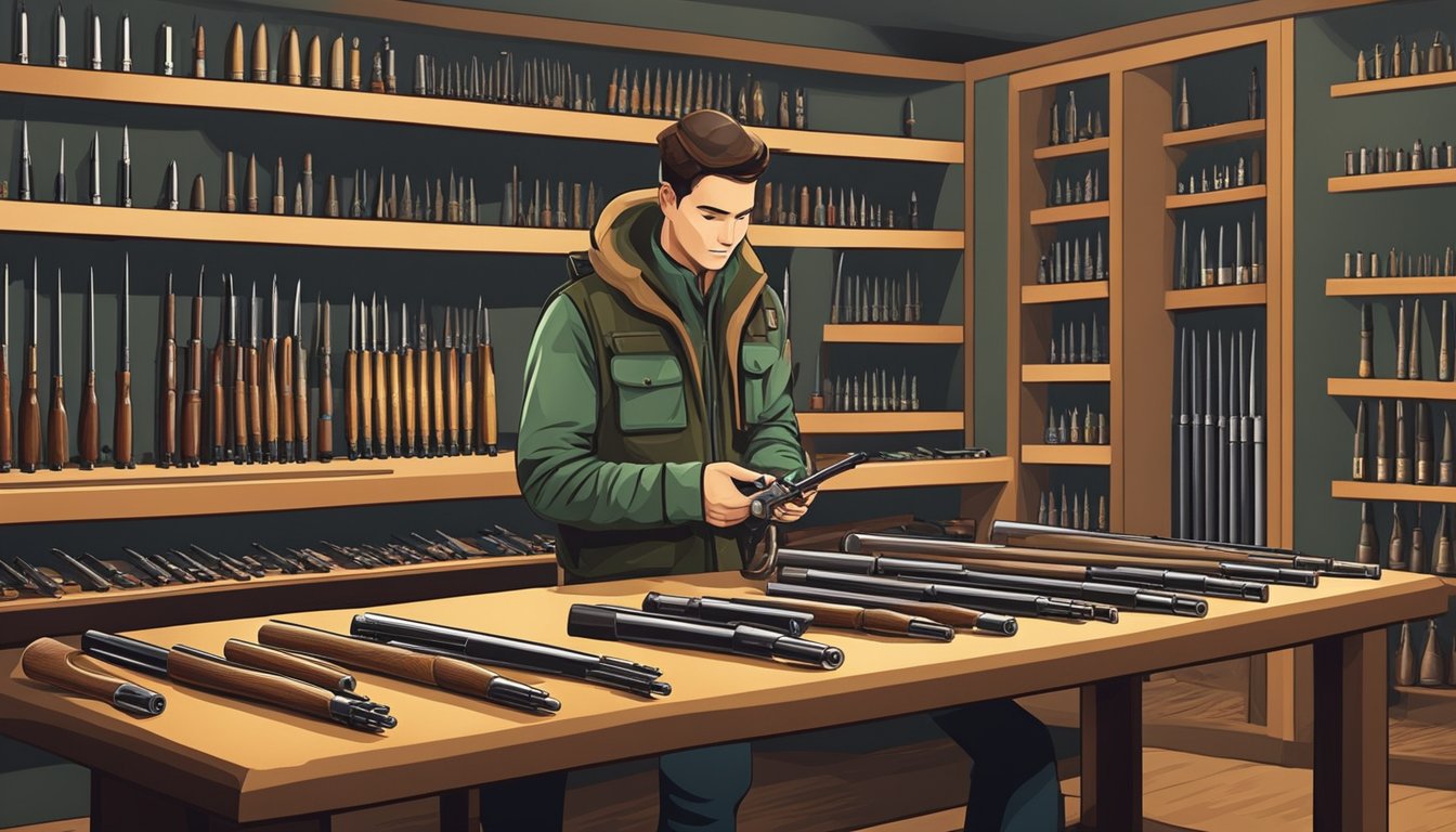 A young hunter selecting from various rifle calibers displayed on a table in a hunting gear shop