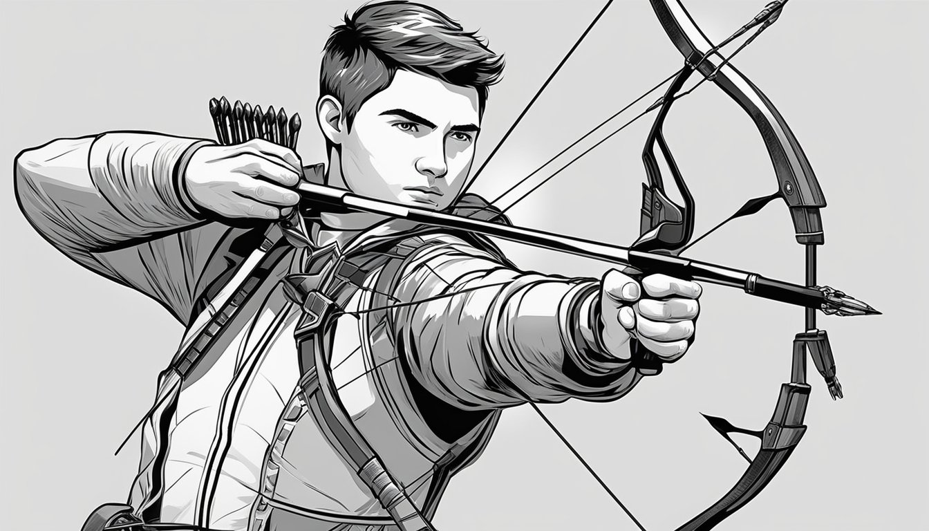 A young archer adjusts the draw weight on their bow, surrounded by a variety of arrows and targets. The bow is sleek and modern, with advanced features for enhanced performance