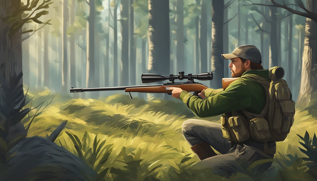 A hunter aiming a rifle at a target in a forest clearing