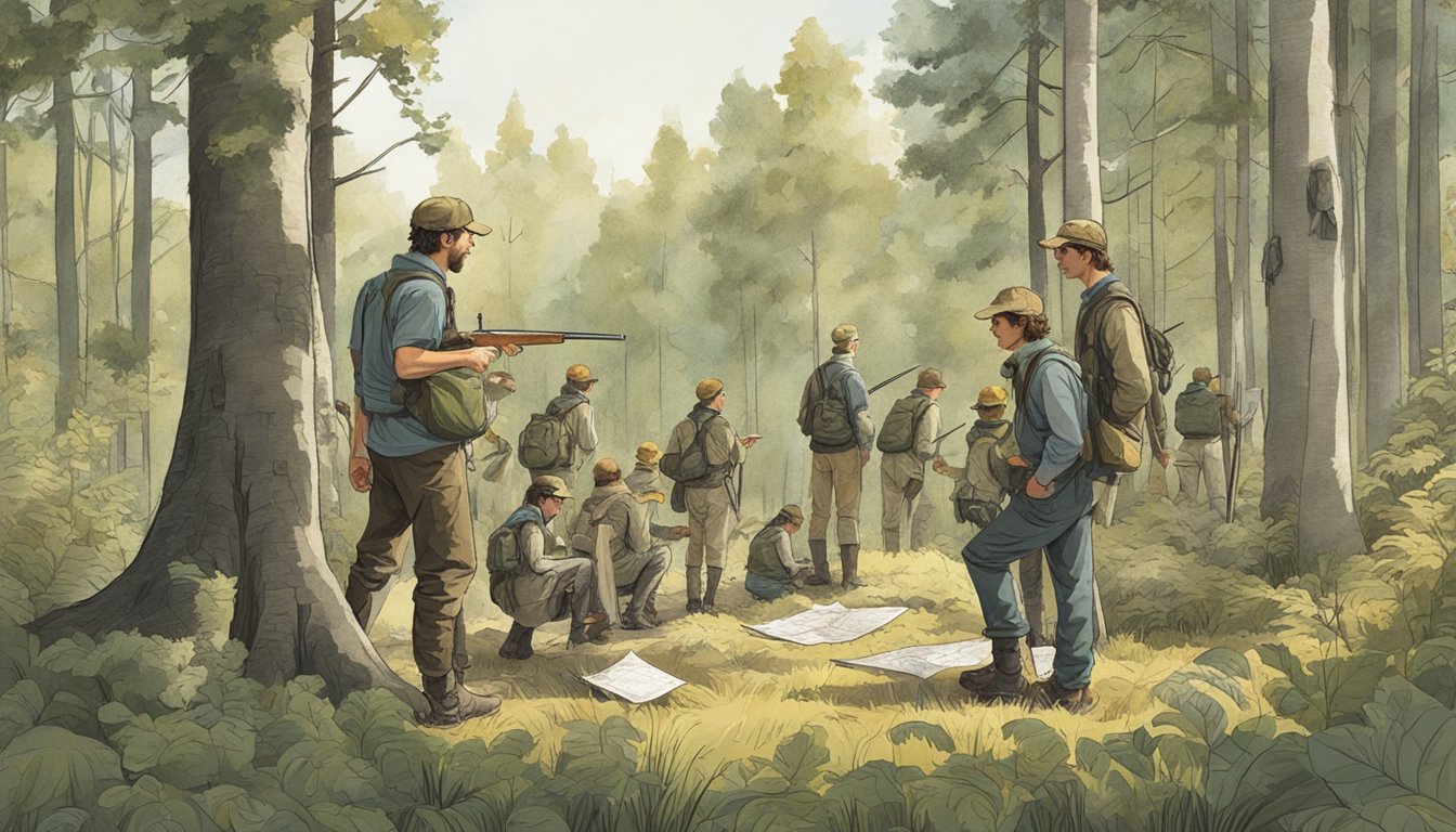 A group of young hunters gather in a forest clearing, surrounded by trees and wildlife. A hunting instructor stands at the front, pointing to a map and discussing safety and techniques