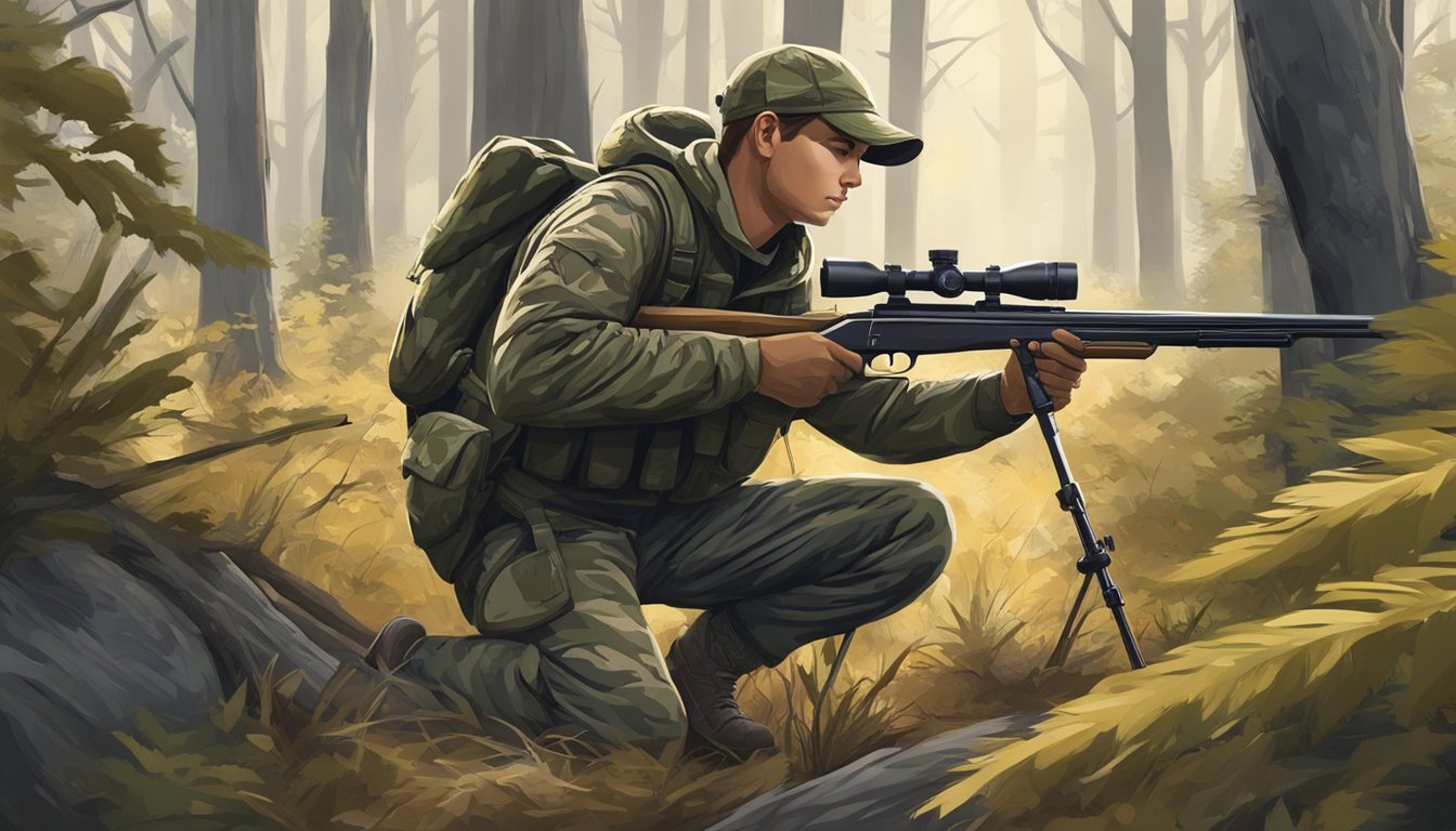 A young hunter in camo crouches in the brush, rifle at the ready, scanning the forest for prey