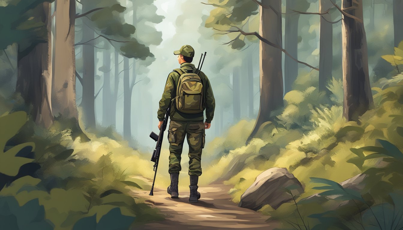 A young hunter in camo gear with a backpack and rifle in a forest clearing