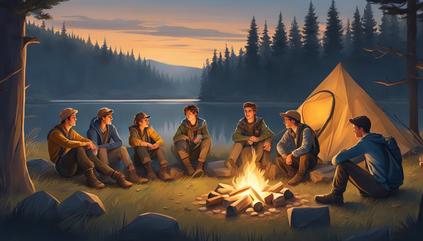 A group of young volunteers gather around a campfire, surrounded by tents and the peaceful wilderness. The atmosphere is one of camaraderie and excitement for the upcoming hunting activities