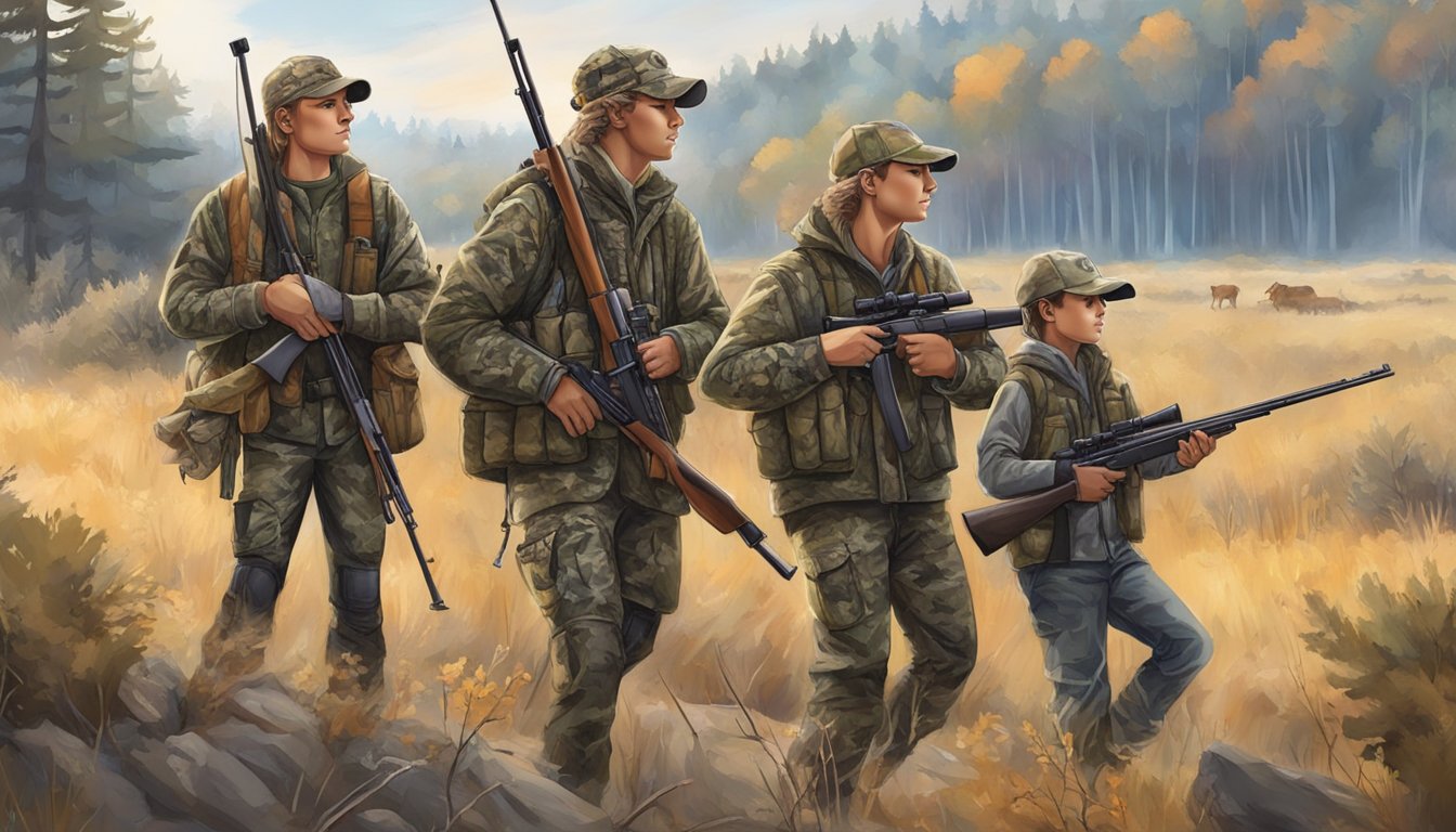 A group of young hunters in camo gear, carrying rifles and surrounded by wildlife, demonstrate respect for nature and ethical hunting practices