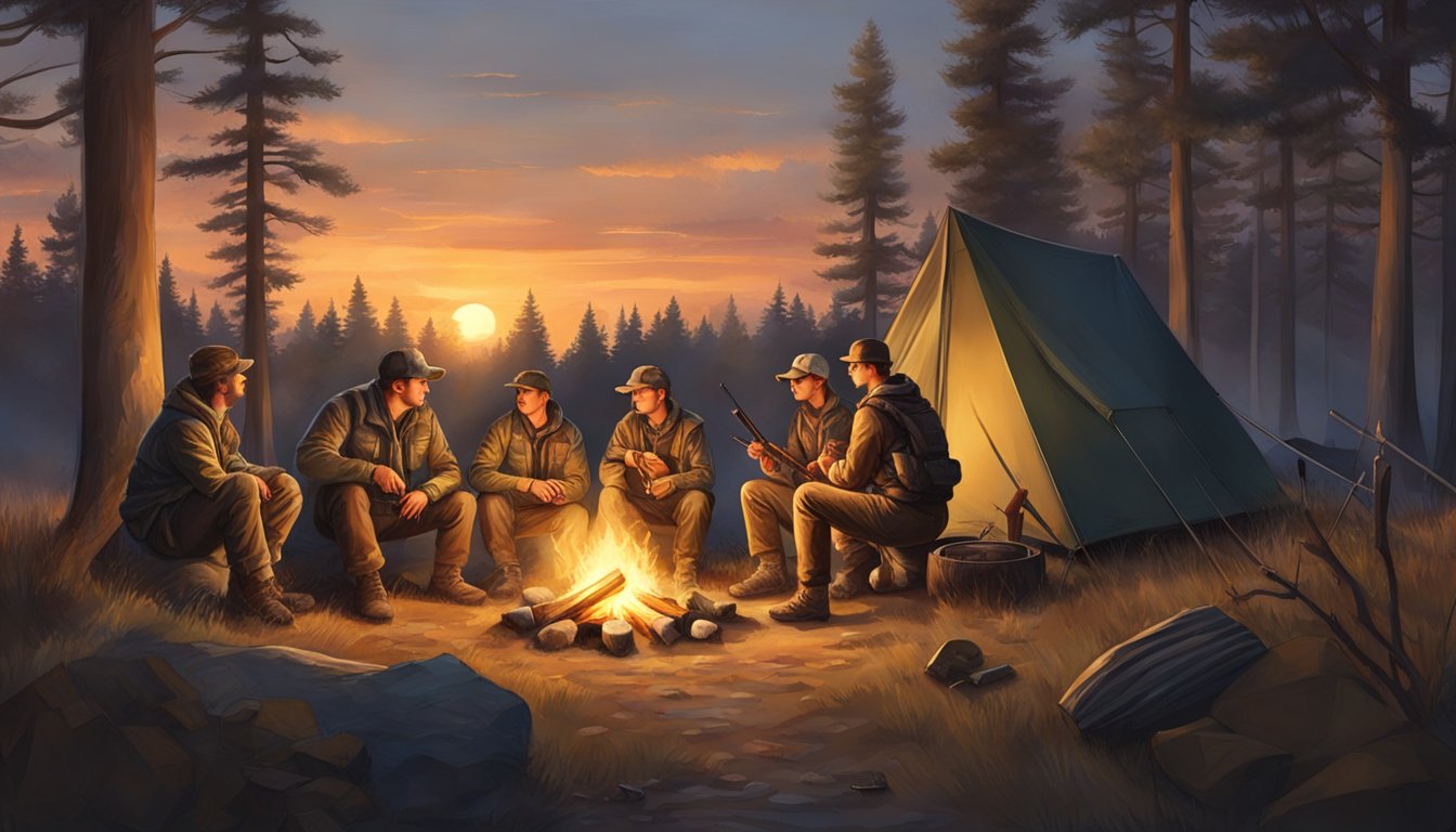 A group of young hunters gather around a campfire, surrounded by tents and hunting gear. The sun sets behind the trees, casting a warm glow over the scene