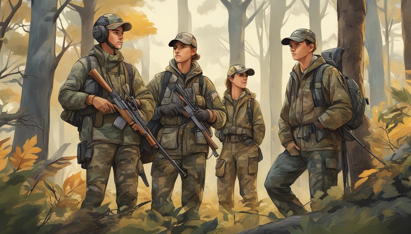 A group of young hunters in camouflage gear, surrounded by trees and wildlife, exploring the outdoor wilderness