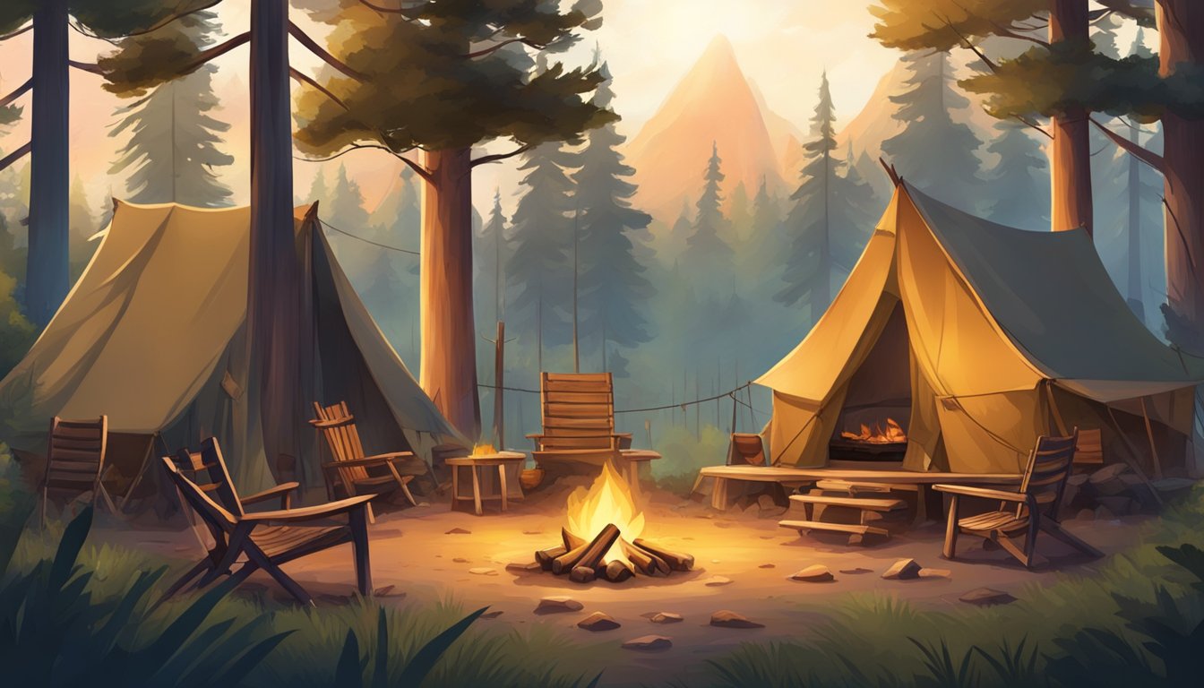 A cozy youth hunting camp nestled in the forest, complete with canvas tents, a crackling campfire, and rustic wooden chairs