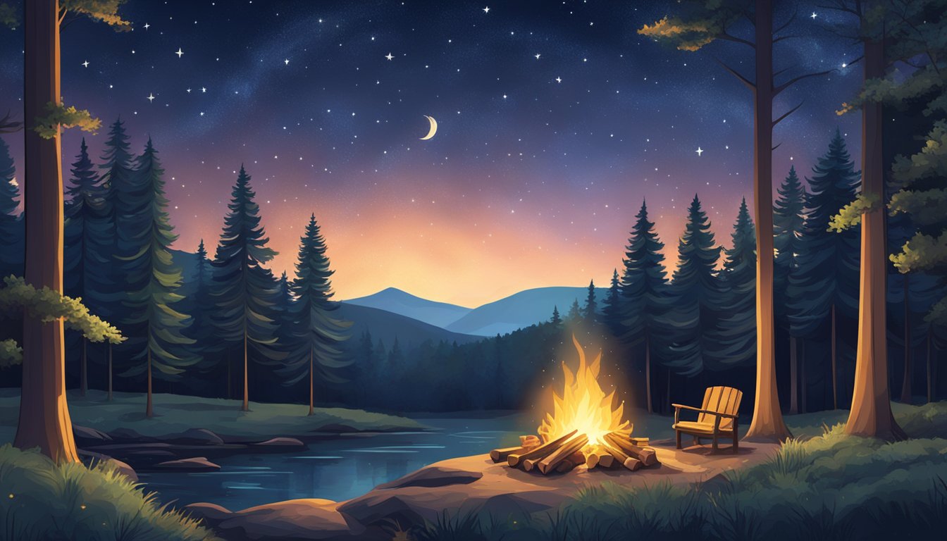 A serene forest clearing with a crackling campfire, surrounded by tall trees and a starry night sky