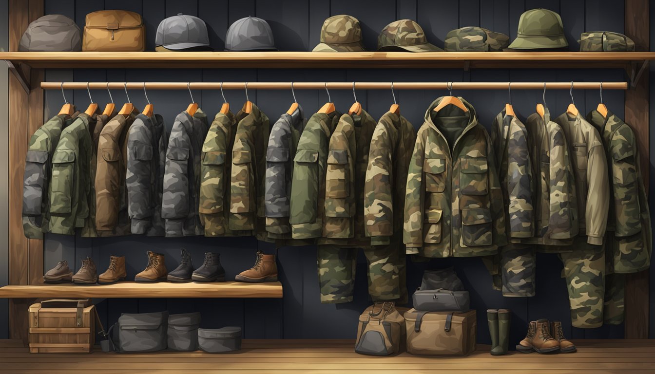 A camouflage hunting jacket and pants hanging on a rustic wooden display rack in a hunting gear store