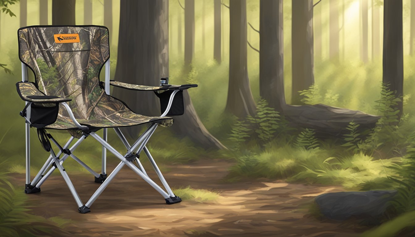 A sturdy, lightweight hunting chair sits in a peaceful forest clearing, surrounded by tall trees and dappled sunlight. Its adjustable features and cushioned seat promise comfort for young hunters