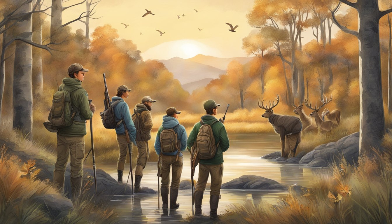 A group of young hunters participating in a conservation event, surrounded by wildlife and natural scenery