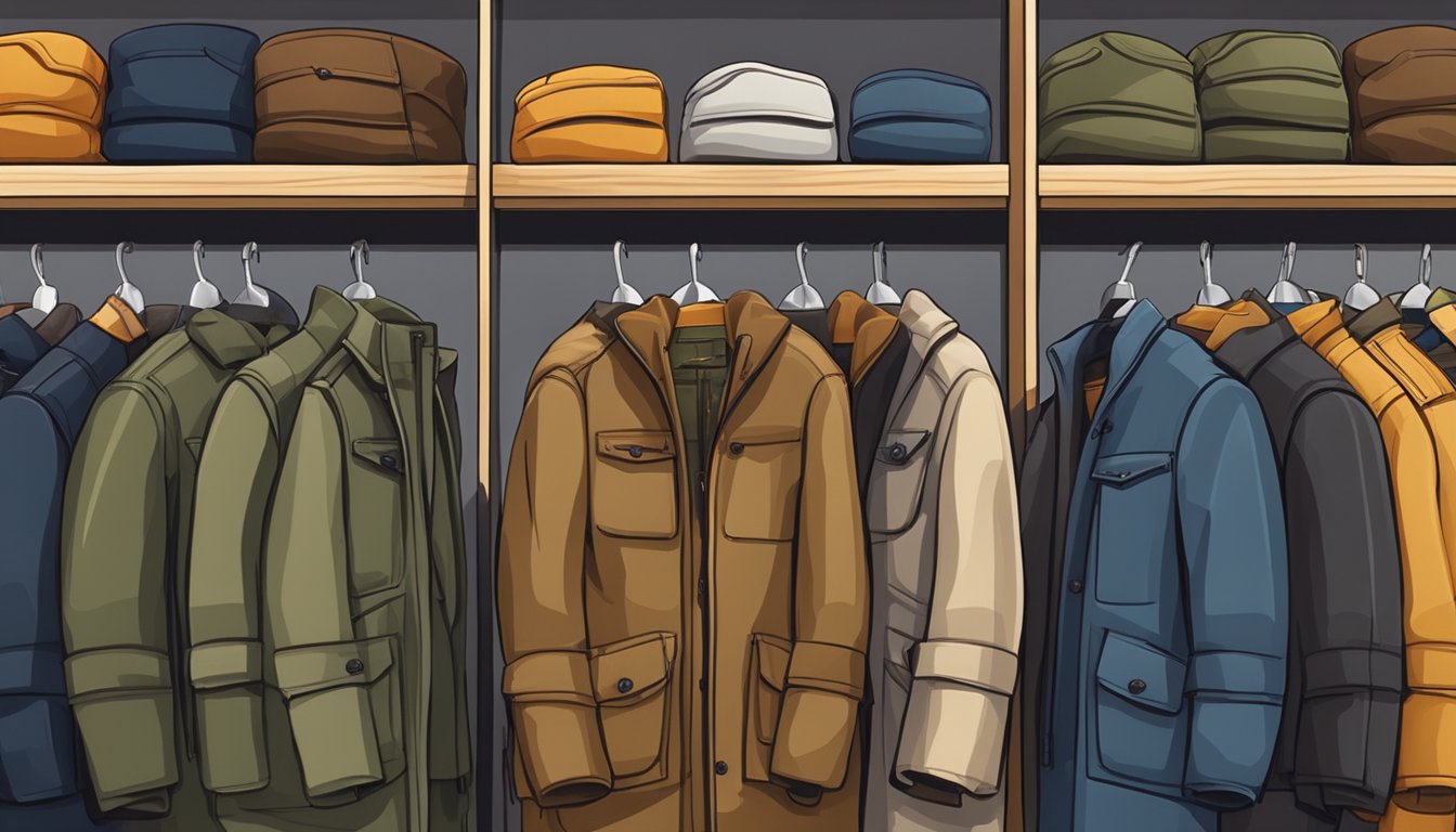 A display of youth hunting jackets and coats, featuring various styles and colors, arranged neatly on racks in a well-lit outdoor store