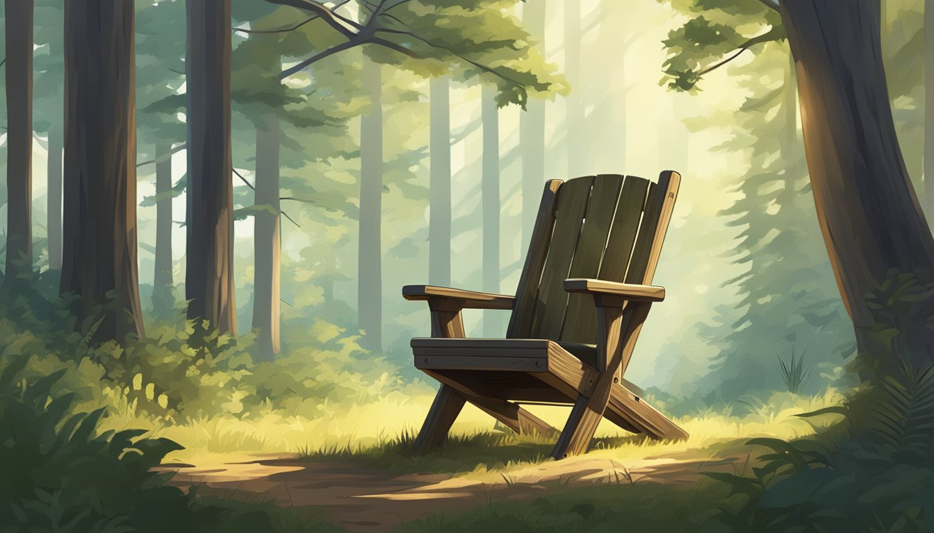 A sturdy hunting chair sits in a forest clearing, surrounded by tall trees and dappled sunlight