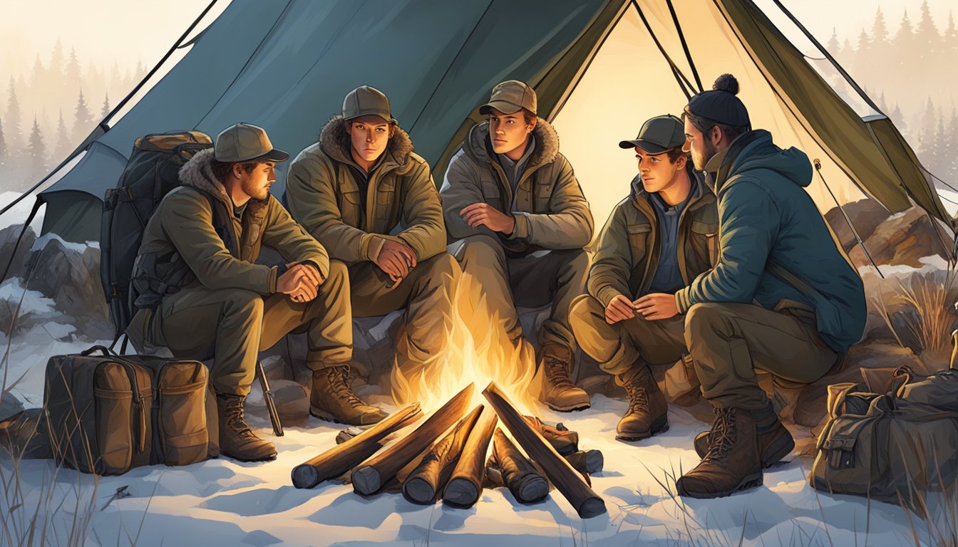 A group of young hunters gather around a campfire, surrounded by tents and hunting gear, as they prepare for an upcoming hunting trip