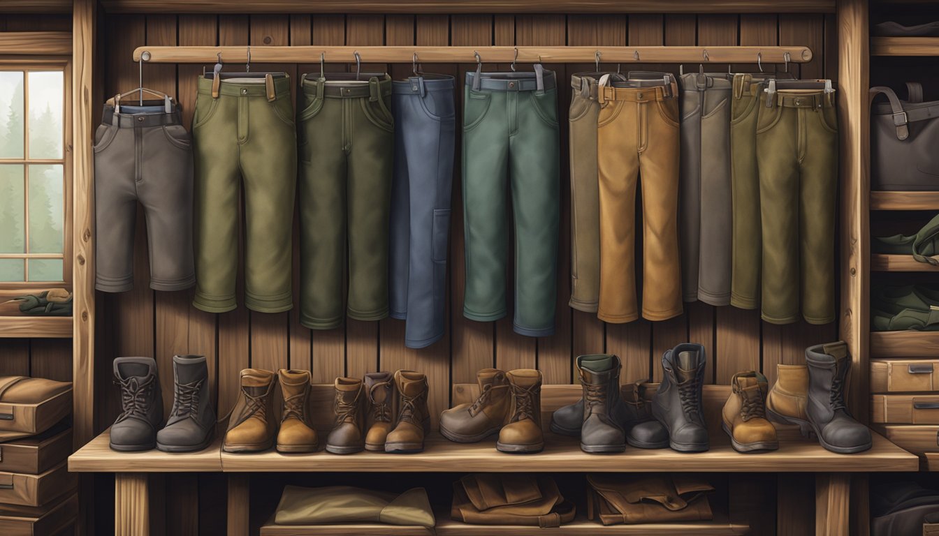 A display of youth hunting pants and bibs, arranged on a rustic wooden table in a hunting supply store