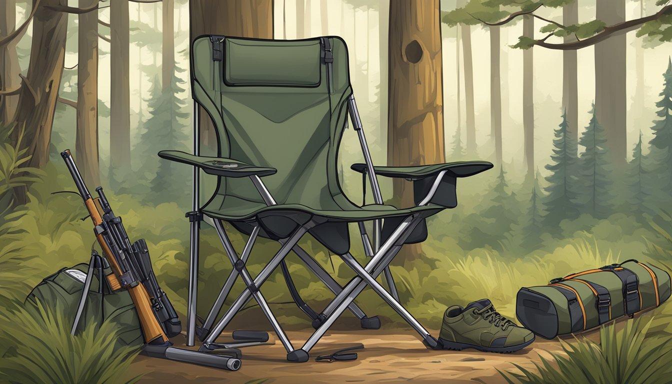 A compact, lightweight hunting chair folded and strapped to a backpack, surrounded by forest and hunting gear