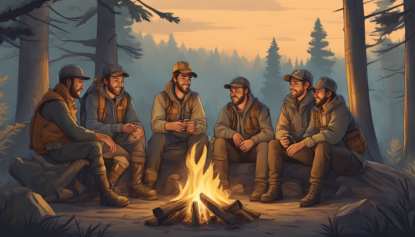 A group of young hunters gather around a campfire, sharing stories and laughter after a successful day in the woods