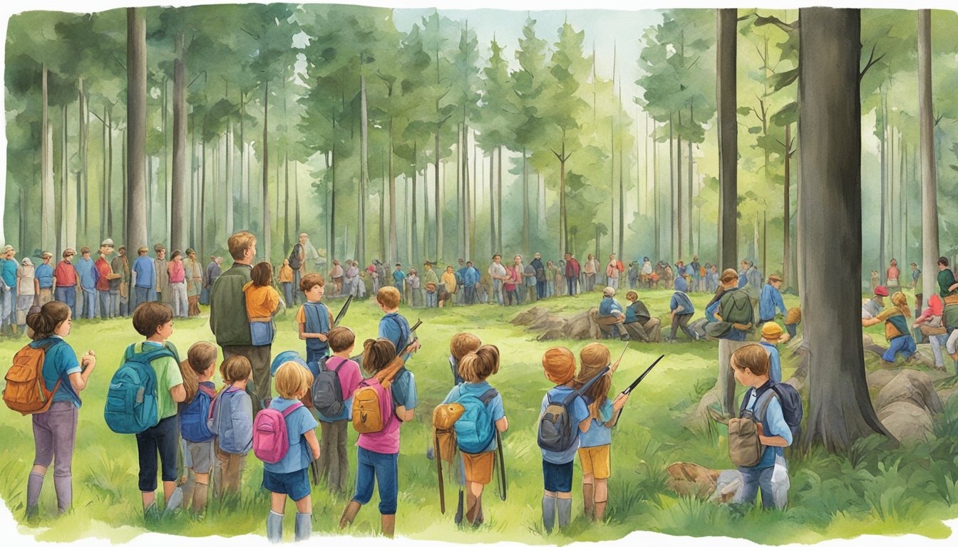 A group of children and adults gather in a forest clearing, surrounded by trees and wildlife. They are participating in educational programs and events organized by youth hunting charities