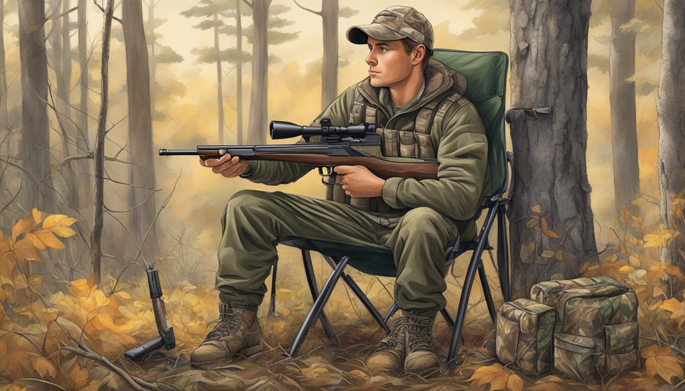 A young hunter sits comfortably in a camouflaged chair, surrounded by hunting gear and supplies. The chair is sturdy and lightweight, perfect for long hours in the field