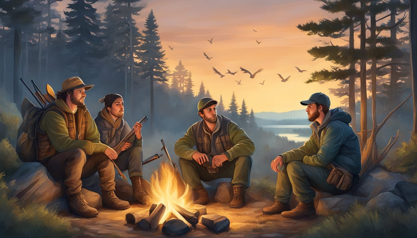 A group of young hunters gather around a campfire, surrounded by woodland creatures, with a backdrop of a scenic hunting preserve