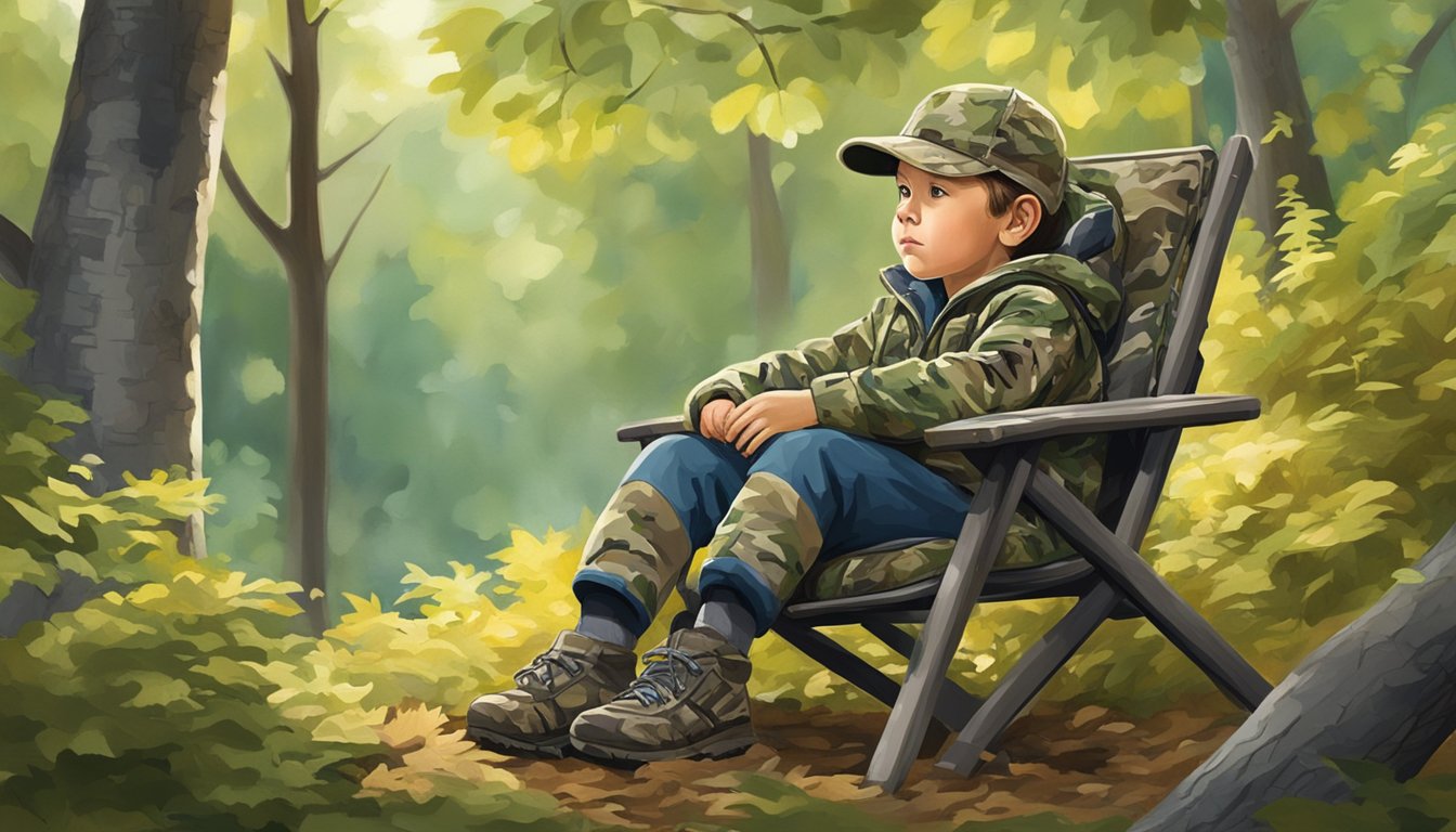 A child sitting comfortably in a camouflaged hunting chair, surrounded by trees and nature